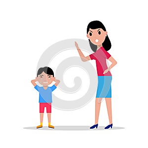 Vector cartoon angry mother scolding her child