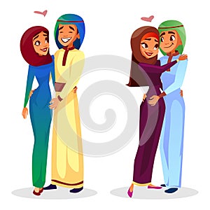 Vector cartoon arab muslim couples hugging