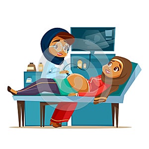 Vector cartoon arab ultrasound pregnancy screen