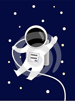 Vector cartoon astronaut fly in space among star blue background waving hand