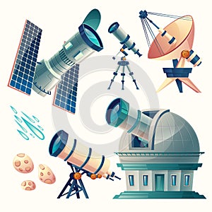 Vector cartoon astronomy set. Astronomical telescopes - radio, orbital