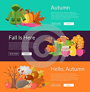 Vector cartoon autumn elements and leaves web banner templates illustration