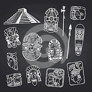 Vector cartoon aztec and maya mask elements set on black chalkboard background illustration