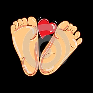 Vector cartoon baby foot with heart on black background.New born sign icon.Baby care concept.