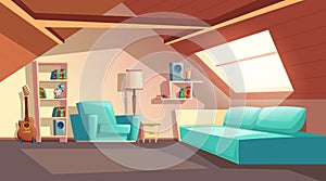 Vector cartoon empty garret room, attic interior photo