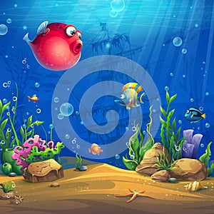 Vector cartoon background illustration of the underwater world