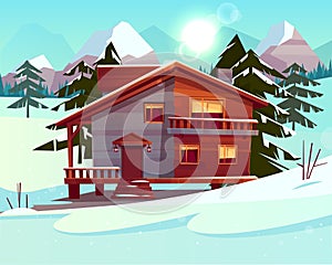 Vector cartoon luxury hotel, chalet. Winter resort photo