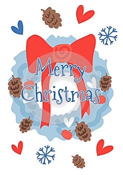 Vector cartoon banner vertical Christmas and New Year design with blue Christmas wreath photo