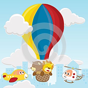 Vector cartoon of bear and lion on hot air balloon, funny air transportations on buildings background