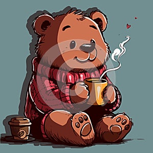 Vector of a cartoon bear with a sweather drinking a cup of hot chocolate.