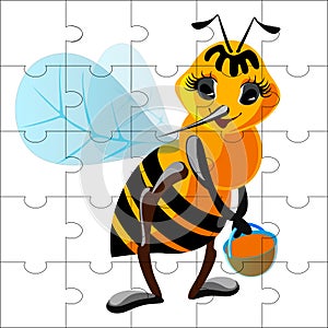 Vector cartoon bee for a children`s puzzle with a dividing grid. Smiling toiler character with a bucket of honey. A joyful image