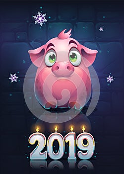 Vector cartoon big pig on a brick wall background with snowflake. Bright image to create original video or web games, graphic