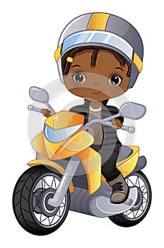 Vector Cartoon Black Boy Driving Motorbike