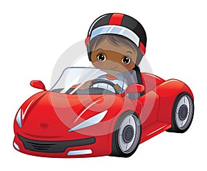 Vector Cartoon Black Boy Driving Racing Car