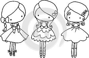 Vector cartoon black and white three girls