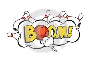 Vector cartoon bowling strike illustration. Moving red bowling ball and skittles