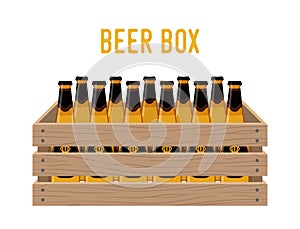 Vector cartoon box with beer bottles. Grocery basket with alcohol drink
