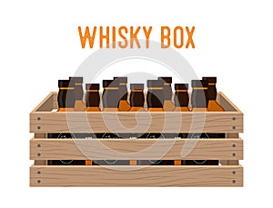 Vector cartoon box with whiskey bottles. Grocery basket with alcohol drink