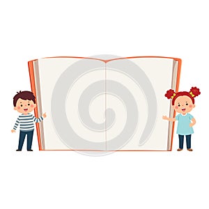 Vector cartoon boy and girl with empty opened book background