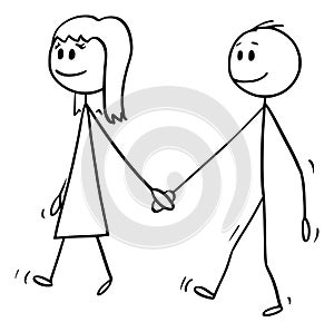 Vector Cartoon of Boy and Girl Holding Hands and Walking Together