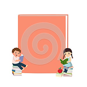 Vector cartoon boy and girl sitting on stack of books and reading books with cover book background