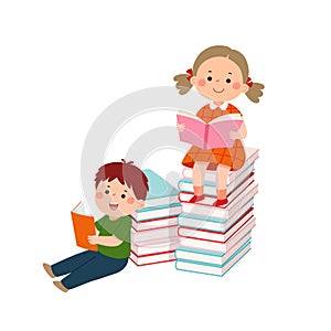 Vector cartoon boy and girl sitting on stack of books and reading books. Kids enjoying reading books