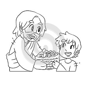 A vector cartoon of a boy giving a basket of fish and bread to Jesus as told from the Bible. Coloring page.