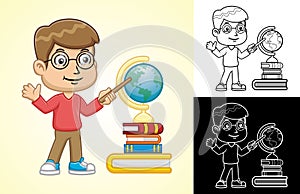 Vector cartoon of boy with globe and books