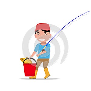 Vector cartoon boy going fishing rod bucket fish