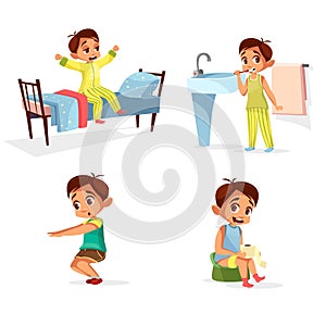 Vector cartoon boy daily morning routine activity