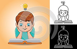 Vector cartoon of boy is reading book with lightbulb on his head