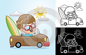 Vector cartoon of a boy riding car carrying surfboard at summer holiday