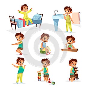 Vector cartoon boy daily routine activity set
