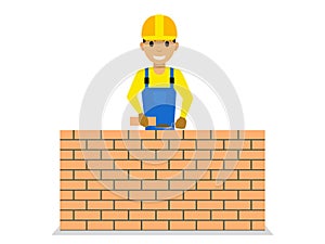Vector cartoon bricklayer is building a brick wall