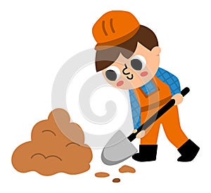 Vector cartoon builder with digging earth with shovel. Cute repairmen illustration for kids isolated on white background. Funny
