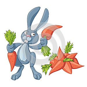 Vector cartoon bunny with two carrots in paws standing next to a bunch of carrots