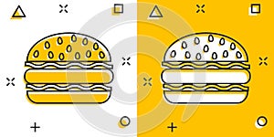 Vector cartoon burger fast food icon in comic style. Hamburger sign illustration pictogram. Burger business splash effect concept