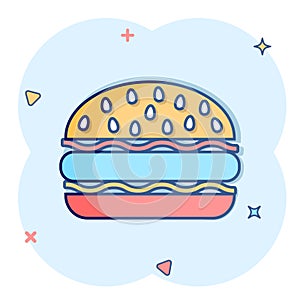 Vector cartoon burger fast food icon in comic style. Hamburger sign illustration pictogram. Burger business splash effect concept
