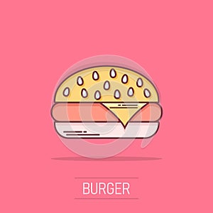 Vector cartoon burger fast food icon in comic style. Hamburger sign illustration pictogram. Burger business splash effect concept