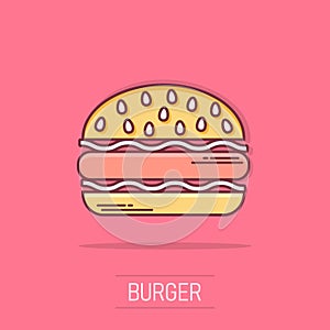 Vector cartoon burger fast food icon in comic style. Hamburger sign illustration pictogram. Burger business splash effect concept