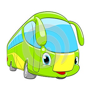 Vector cartoon bus. Cartoon funny car. Green cute bus.