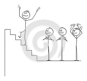 Vector Cartoon of Businessman Climbing Up the Stairs to Fall Down, Business Team is Applauding