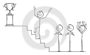 Vector Cartoon of Businessman Climbing Up the Stairs to for the Winner`s Trophy, Business Team is Applauding photo