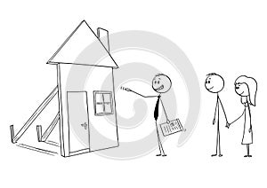 Vector Cartoon of Businessman or Real Estate Broker or Realtor Offering Fake Mock-up Family House .