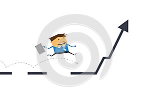 Vector cartoon. Businessman running and jumping on business line graph