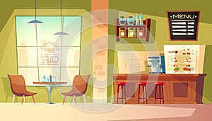 Vector cartoon cafe background, cafeteria interior, furniture