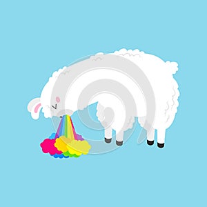 Vector cartoon card. Cute poster with funny llama nauseous rainbow. Doodle illustration. Template, background for print