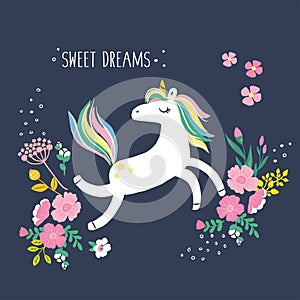 Vector cartoon card with unicorn and flowers