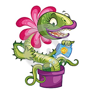 Vector cartoon carnivorous plant with fly illustration