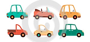 Vector cartoon cars collection for children designs. Isolated simple vehicles set in pastel colors on white background